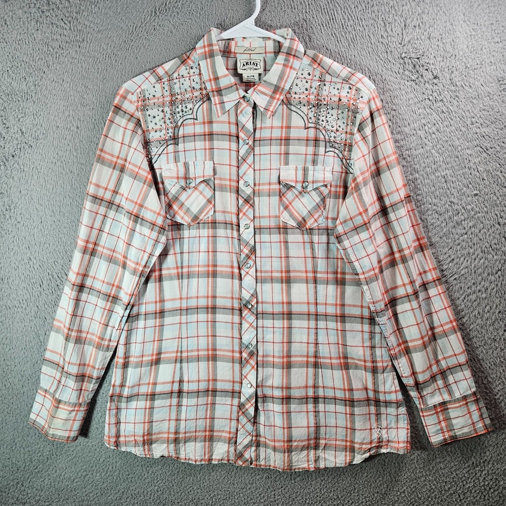 Ariat Western Cowgirl Shirt‎ Women XL Fitted Studded Pearl Snap Orange Plaid